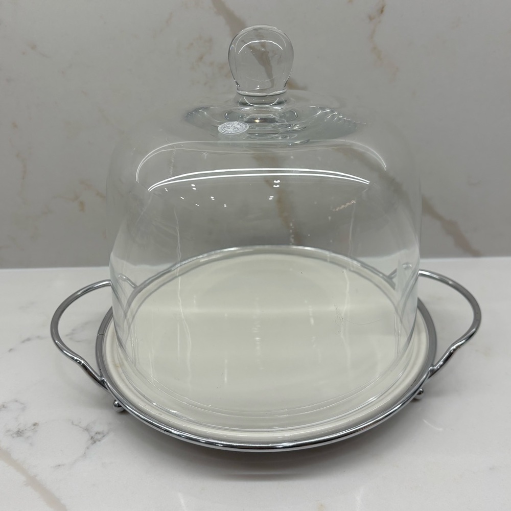 Godinger Glass Dome Cloche Off White Plate and Silver Pedestal Pastry Cheese